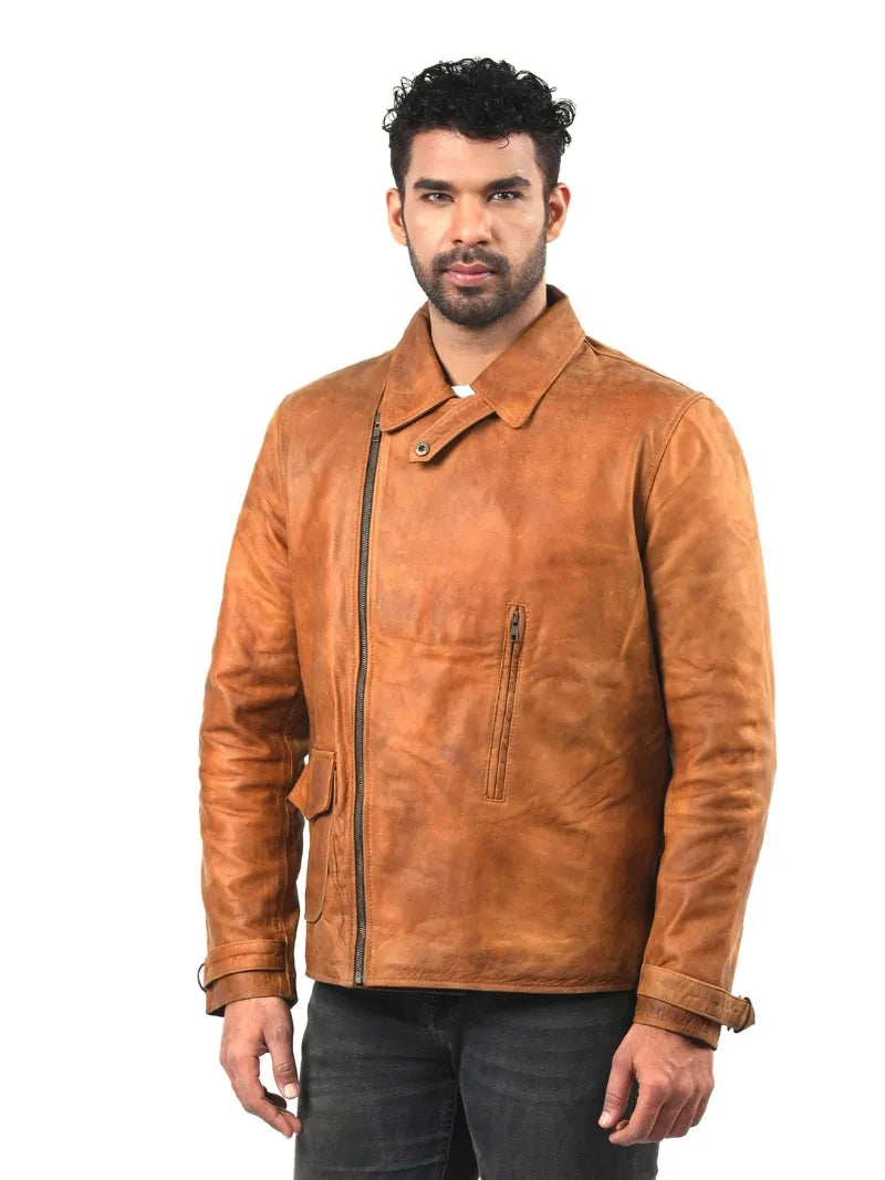 Men’s Tan Asymmetrical Zip Leather Jacket Left 