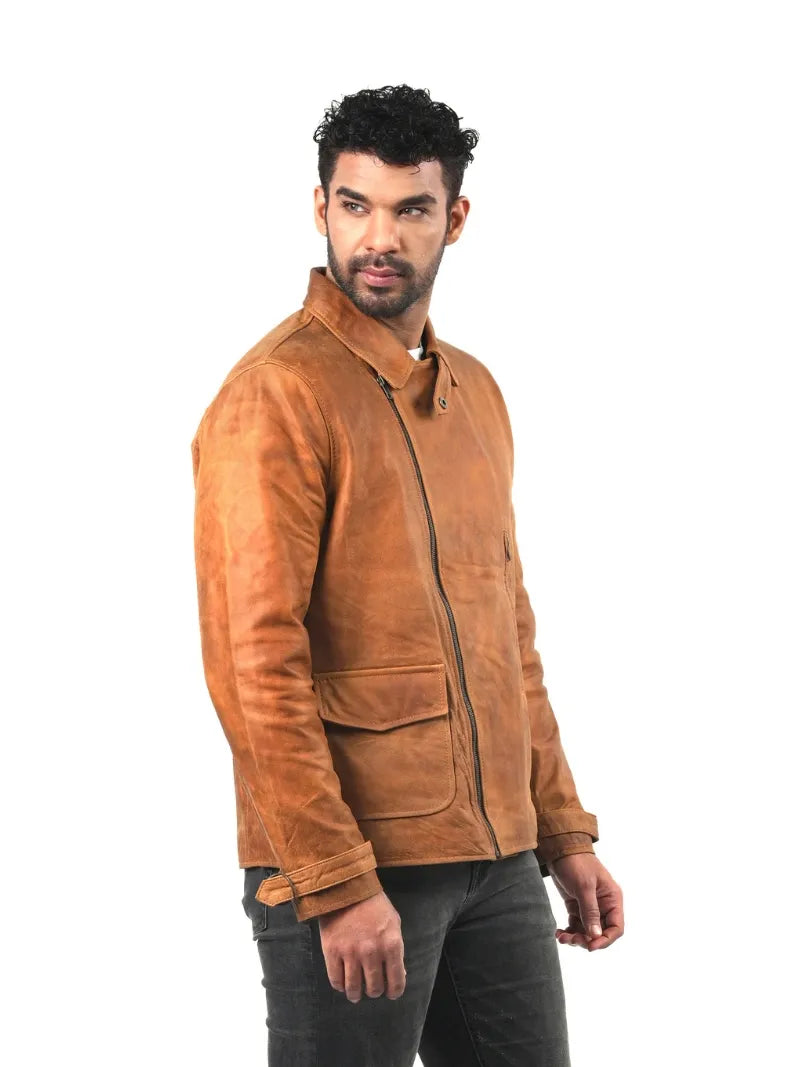 Men’s Tan Asymmetrical Zip Leather Jacket Right 