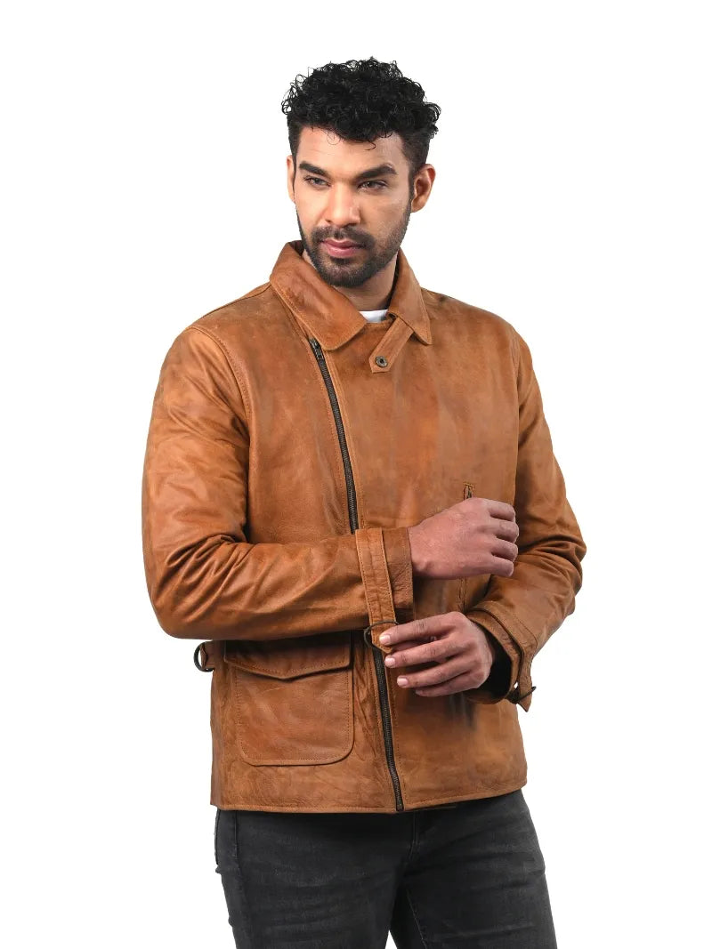 Men’s Tan Asymmetrical Zip Leather Jacket Front 
