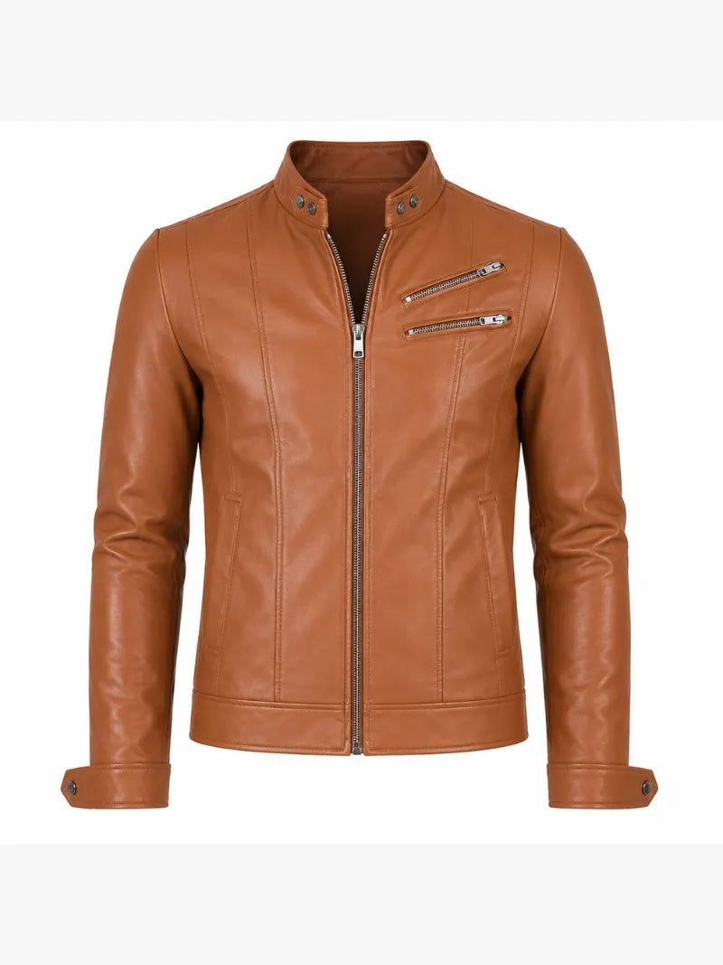 Men’s Tan Brown Slim Fit Leather Jacket Front 