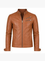 Men’s Tan Brown Slim Fit Leather Jacket Front 