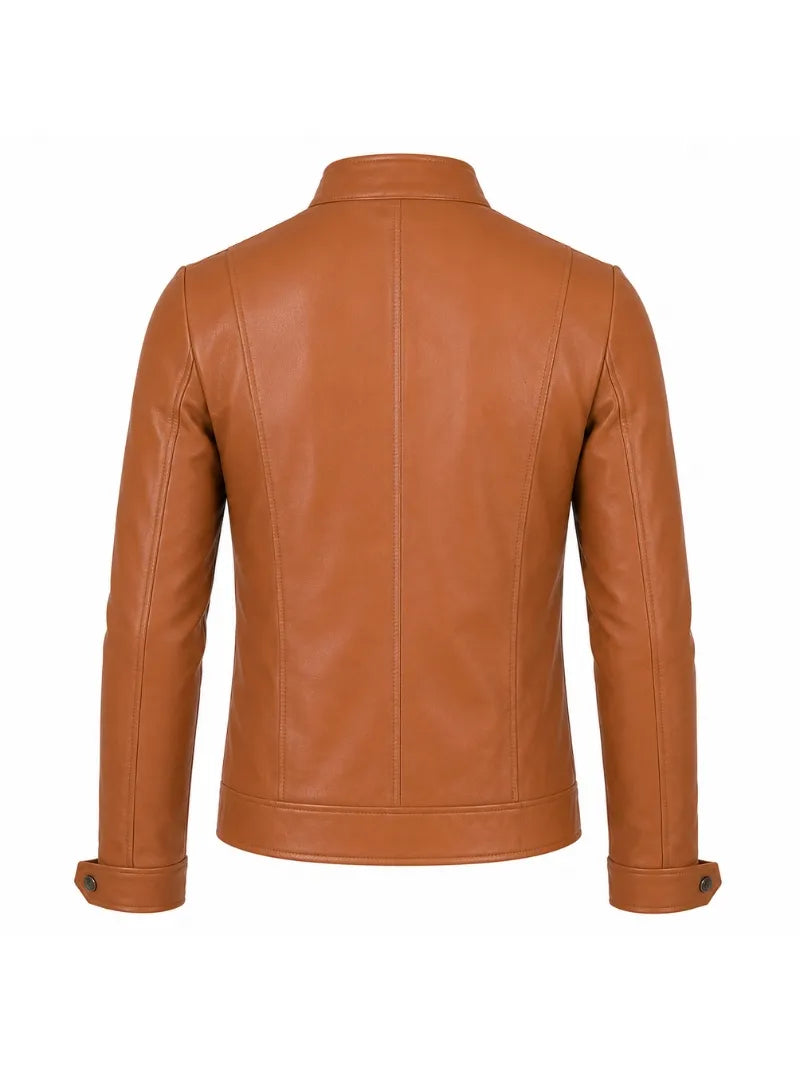 Men’s Tan Brown Slim Fit Leather Jacket Back