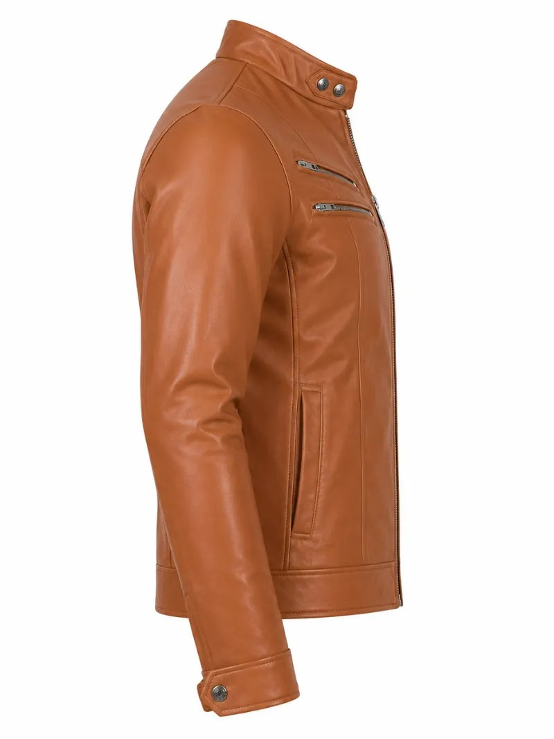Men’s Tan Brown Slim Fit Leather Jacket Right 