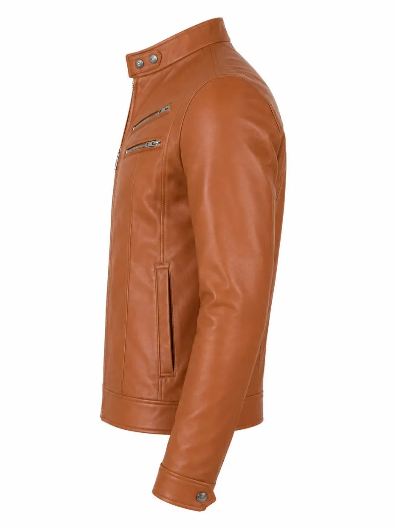 Men’s Tan Brown Slim Fit Leather Jacket Left 