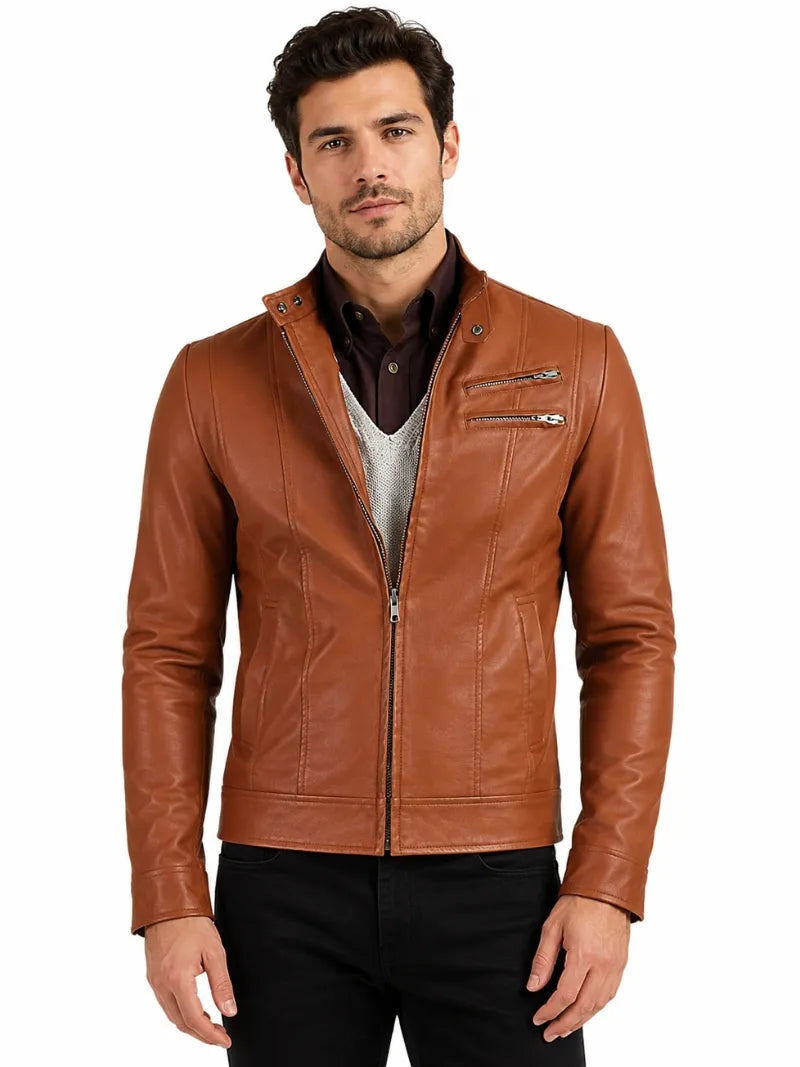 Men’s Tan Brown Slim Fit Leather Jacket Full