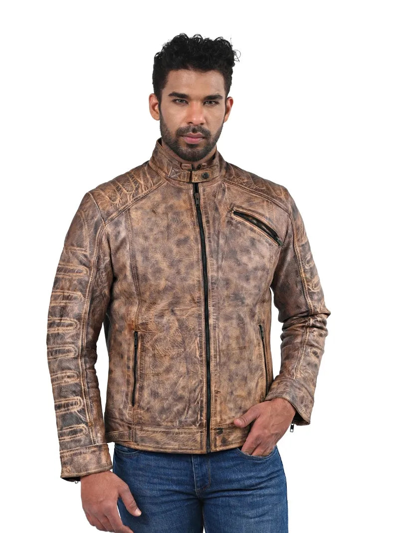 Men’s Tan Leather Jacket with Textured Sleeves Front 