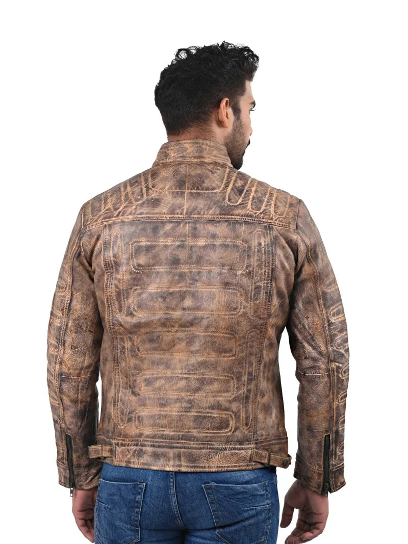 Men’s Tan Leather Jacket with Textured Sleeves Back 