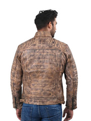 Men’s Tan Leather Jacket with Textured Sleeves Back 