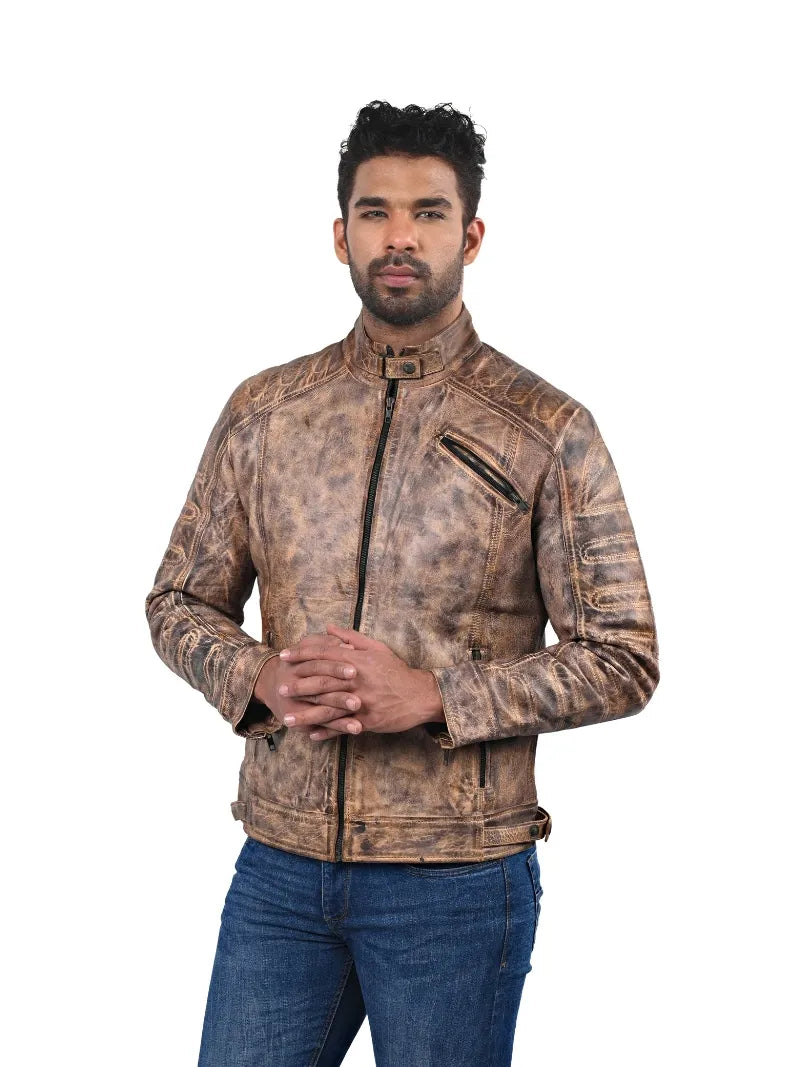 Men’s Tan Leather Jacket with Textured Sleeves Left