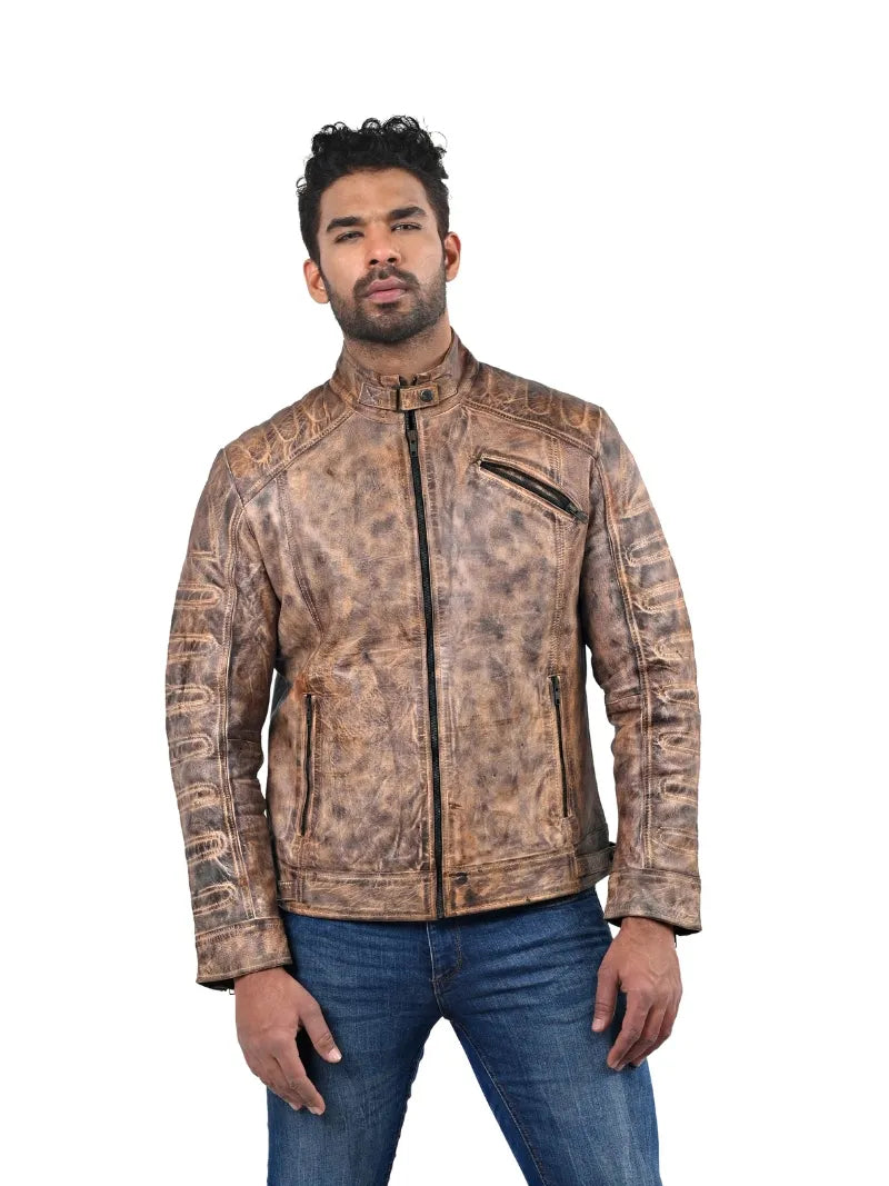Men’s Tan Leather Jacket with Textured Sleeves Full