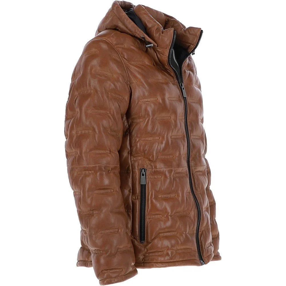 Men’s Tan Quilted Leather Hooded Puffer Jacket