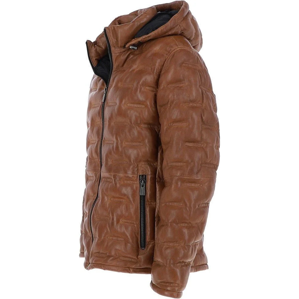 Men’s Tan Quilted Leather Hooded Puffer Jacket