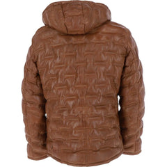 Men’s Tan Quilted Leather Hooded Puffer Jacket