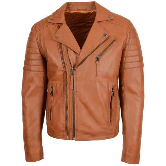Men's Tan Quilted Sleeve Asymmetrical Leather Biker Jacket