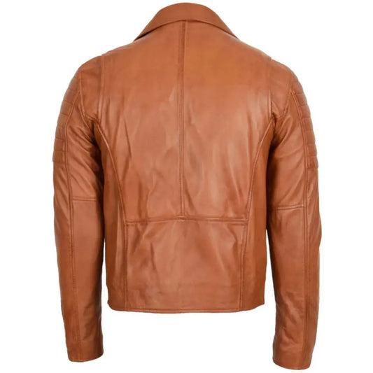Men's Tan Quilted Sleeve Asymmetrical Leather Biker Jacket