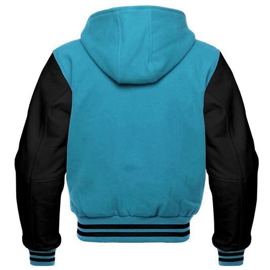 Men's Teal and Black Hooded Varsity Jacket