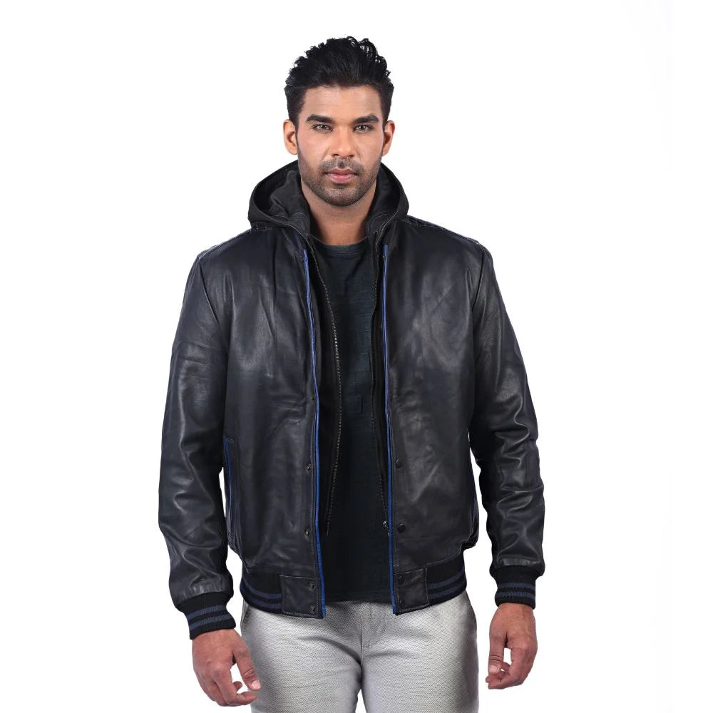 Men's Urban Hooded Black Leather Jacket