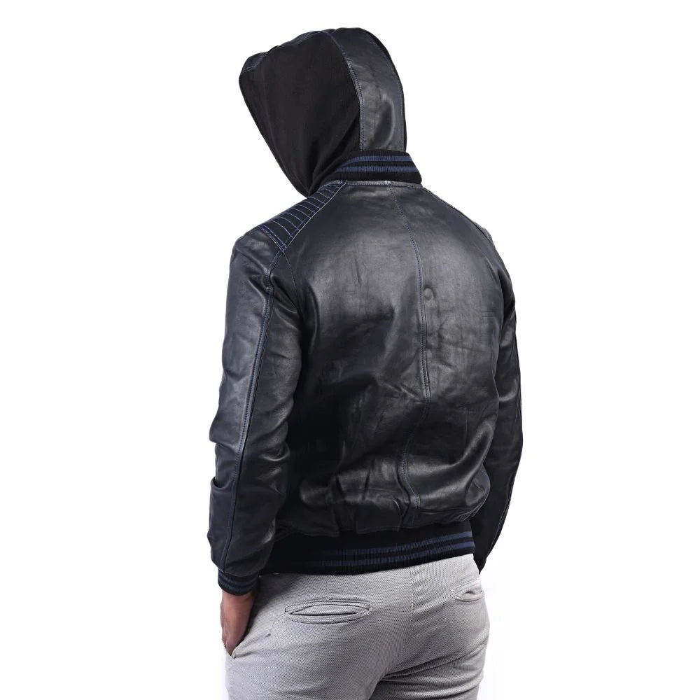 Men's Urban Hooded Black Leather Jacket