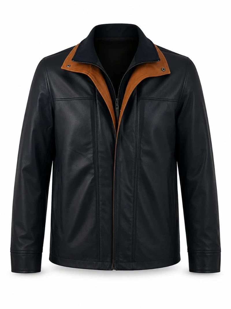 Men’s Vintage Black Winter Leather Jacket Front 