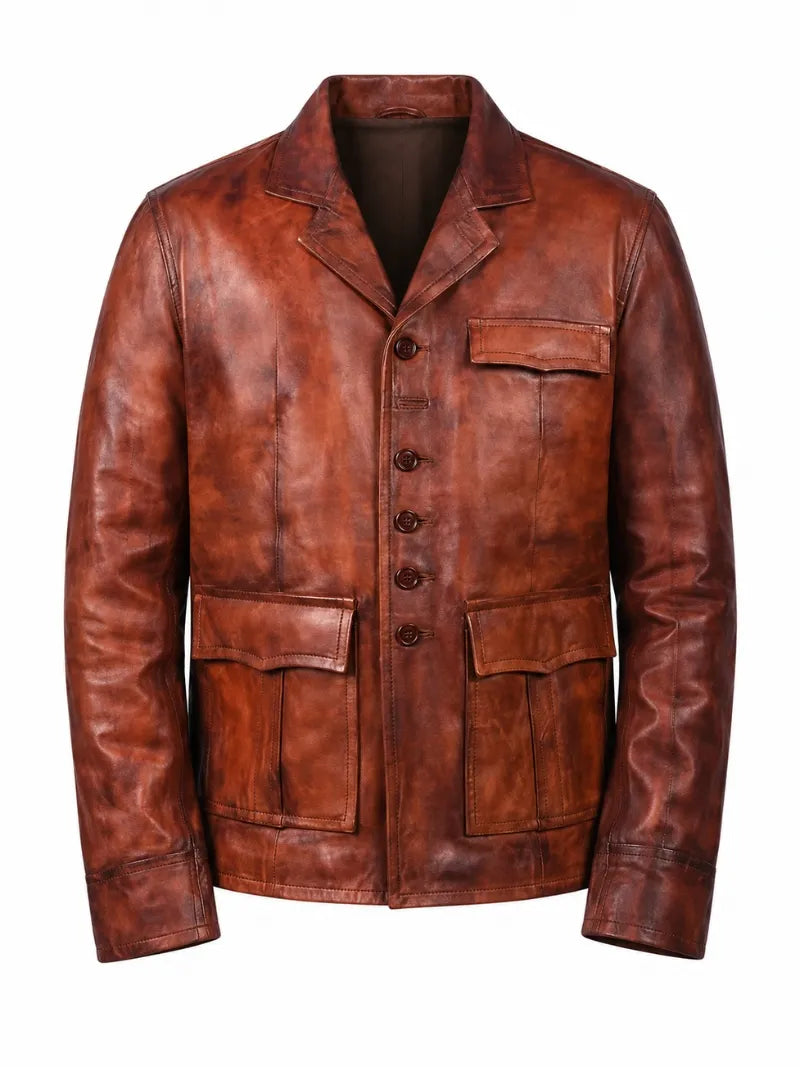 Men's Vintage Brown Leather Blazer Jacket, front view