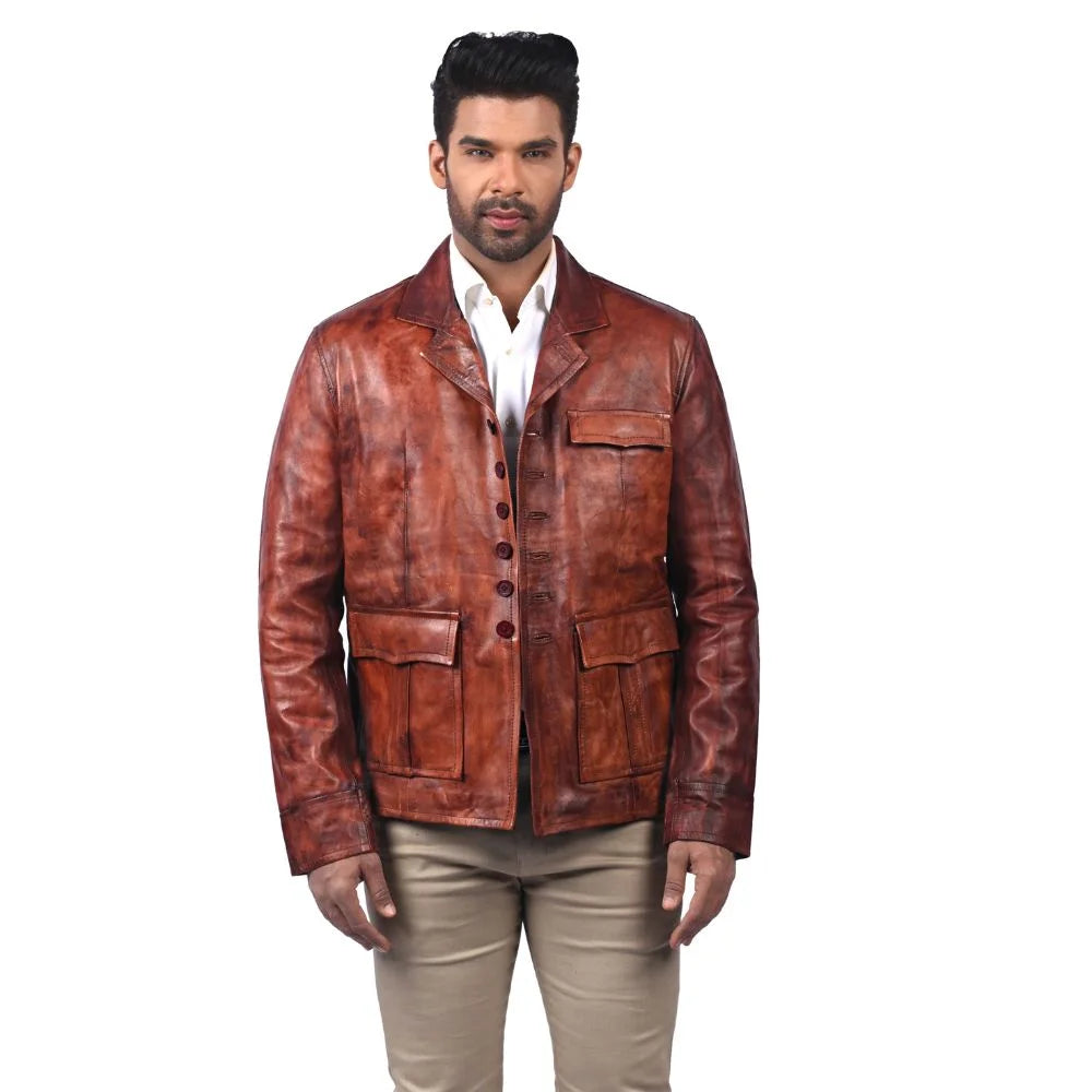 Men's Vintage Brown Leather Blazer Jacket