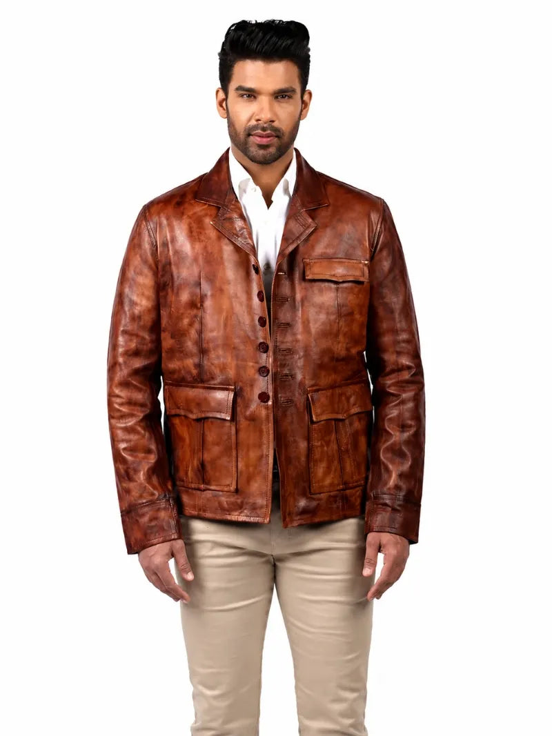 Men's Vintage Brown Leather Blazer Jacket, closure detail