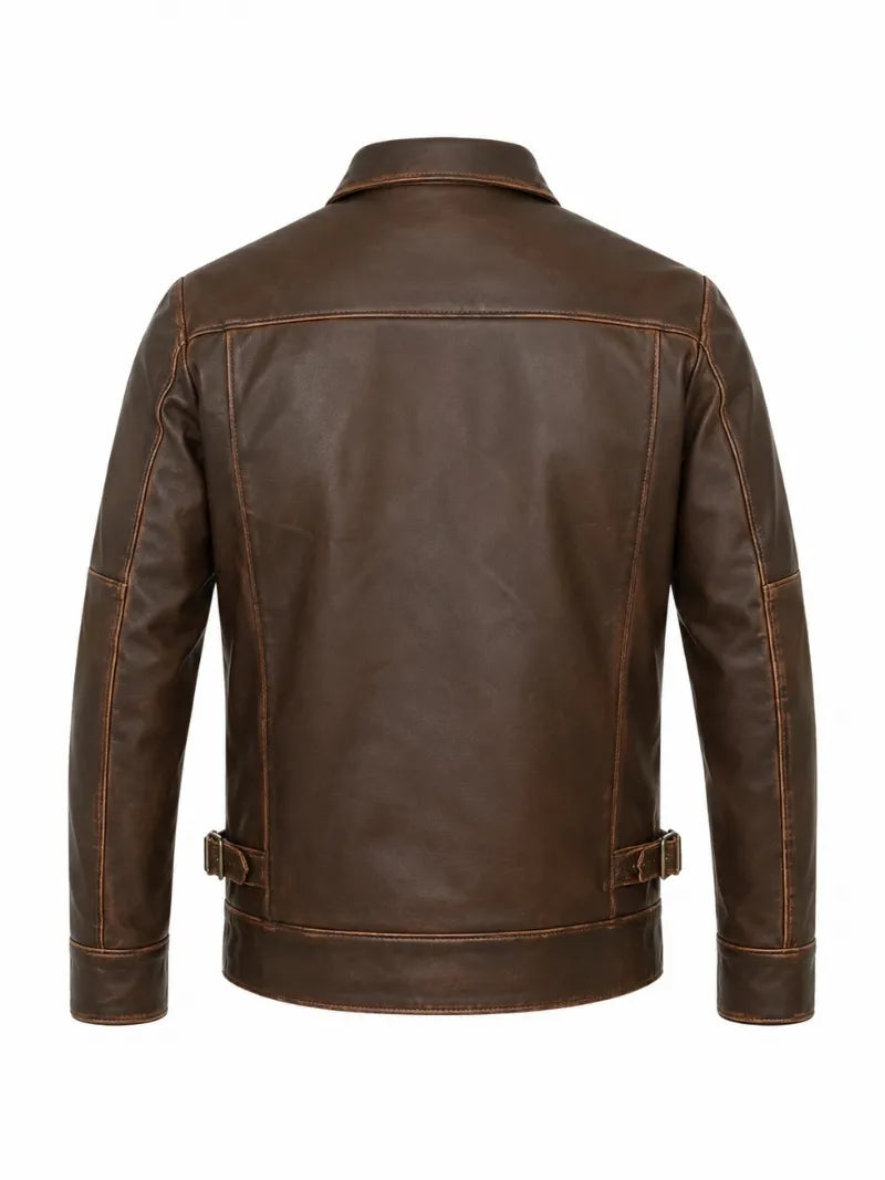 Men’s Vintage Brown Leather Shirt Collar Jacket Back 