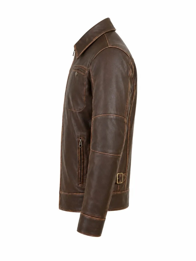 Men’s Vintage Brown Leather Shirt Collar Jacket Left 