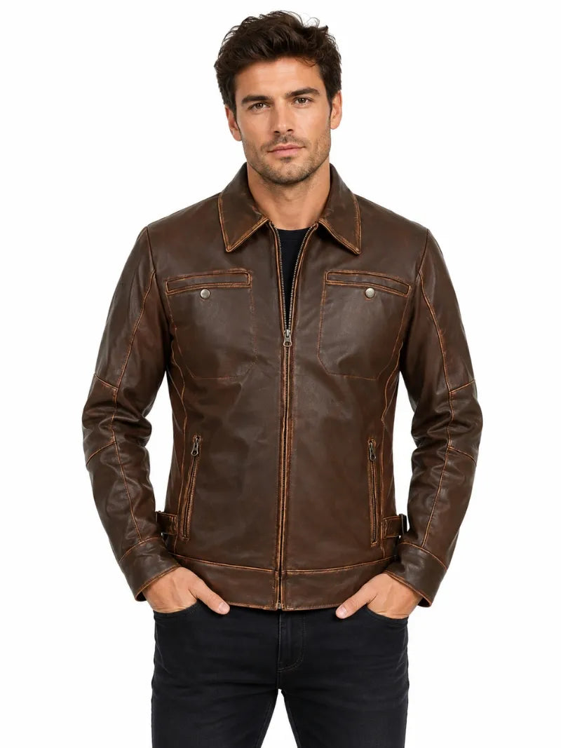 Men’s Vintage Brown Leather Shirt Collar Jacket Full