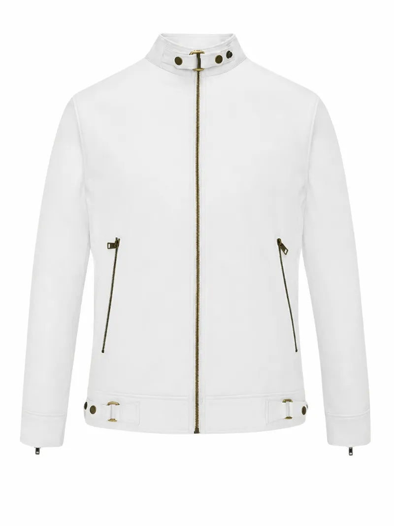 Men’s White Snap-Tab Collar Leather Jacket Front 