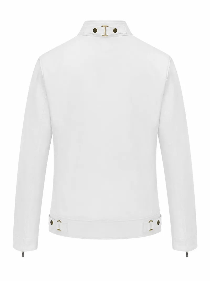 Men’s White Snap-Tab Collar Leather Jacket Back 
