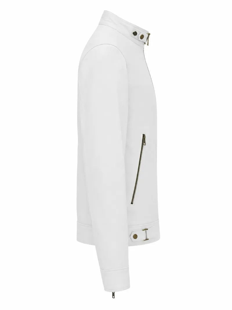 Men’s White Snap-Tab Collar Leather Jacket Right 