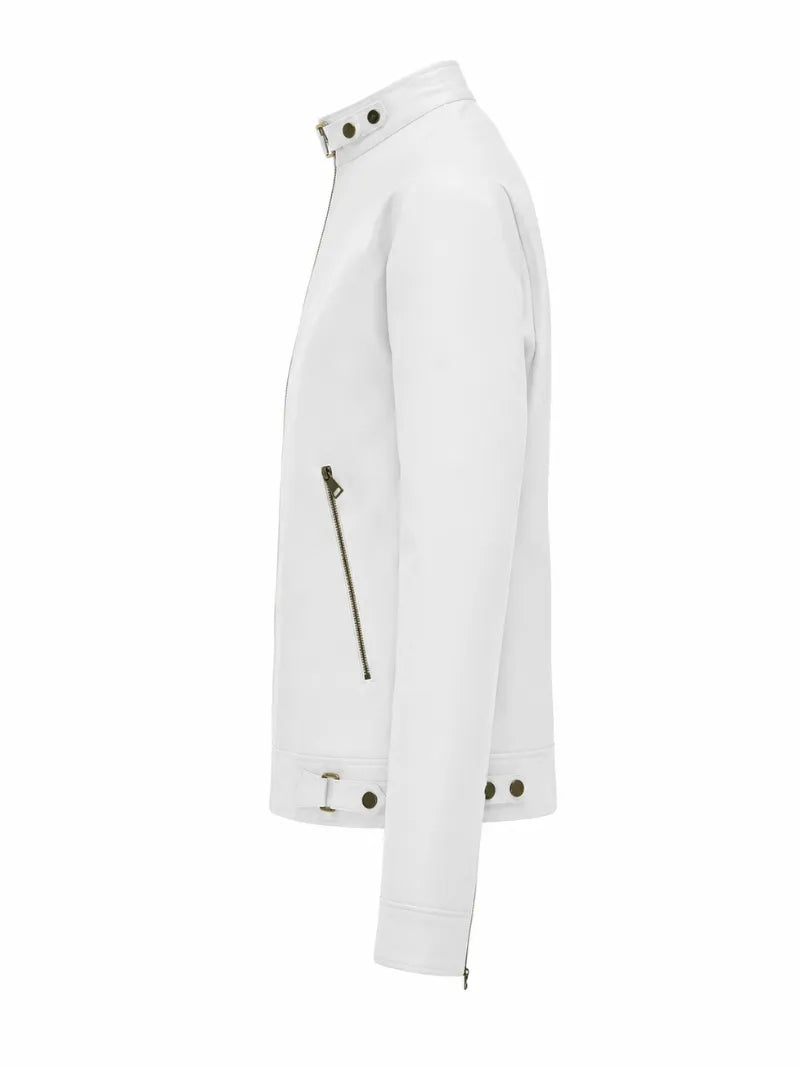 Men’s White Snap-Tab Collar Leather Jacket Left