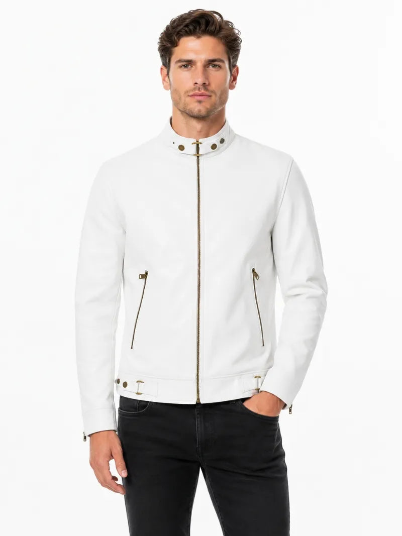 Men’s White Snap-Tab Collar Leather Jacket Full