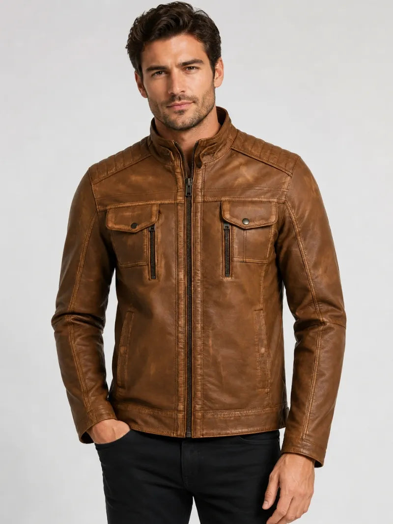 Men's Zipper Tan Vintage Style Leather Jacket, closure detail