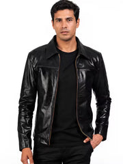 Men's black sheepskin leather shirt jacket, front view