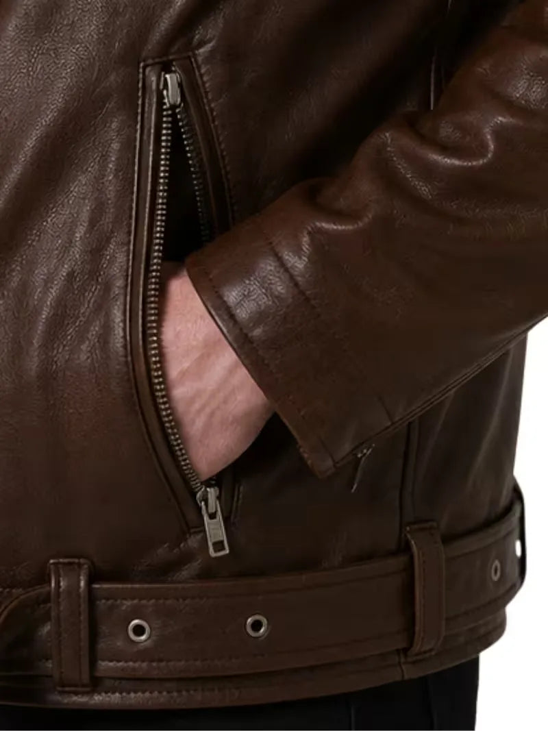 Men's black sheepskin leather biker jacket, zip and closure detail