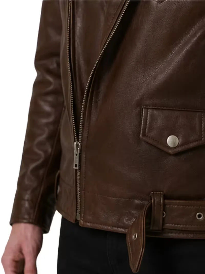 Men's black sheepskin leather biker jacket, cuff detail
