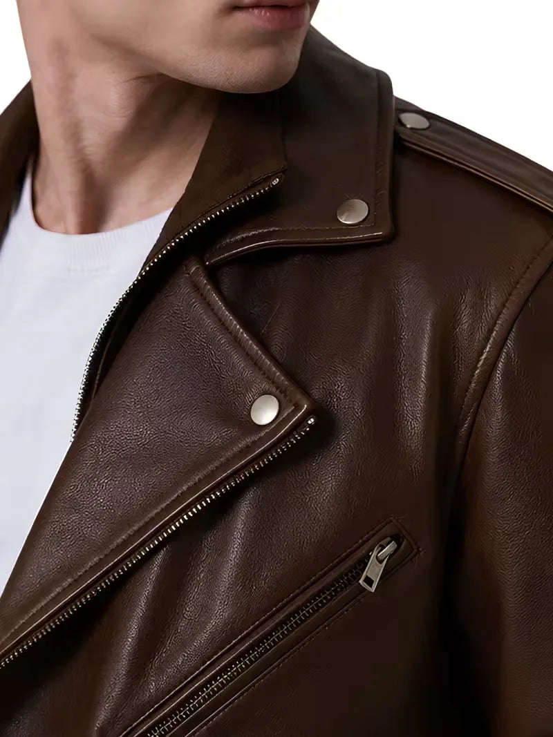 Men's black sheepskin leather biker jacket, collar detail