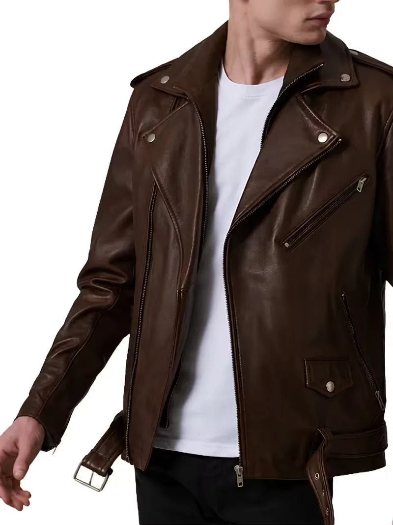 Men's black sheepskin leather biker jacket, side view