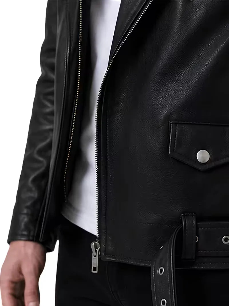 Men's black sheepskin leather biker jacket, back view