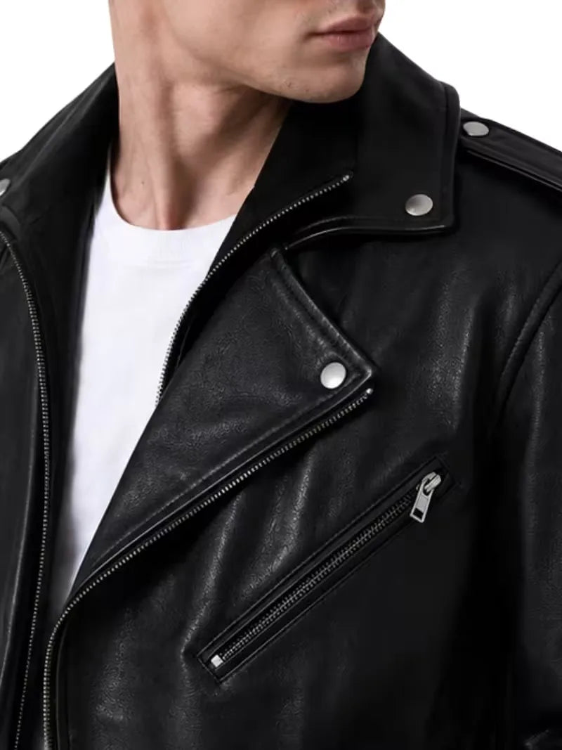 Men's black sheepskin leather biker jacket, front view