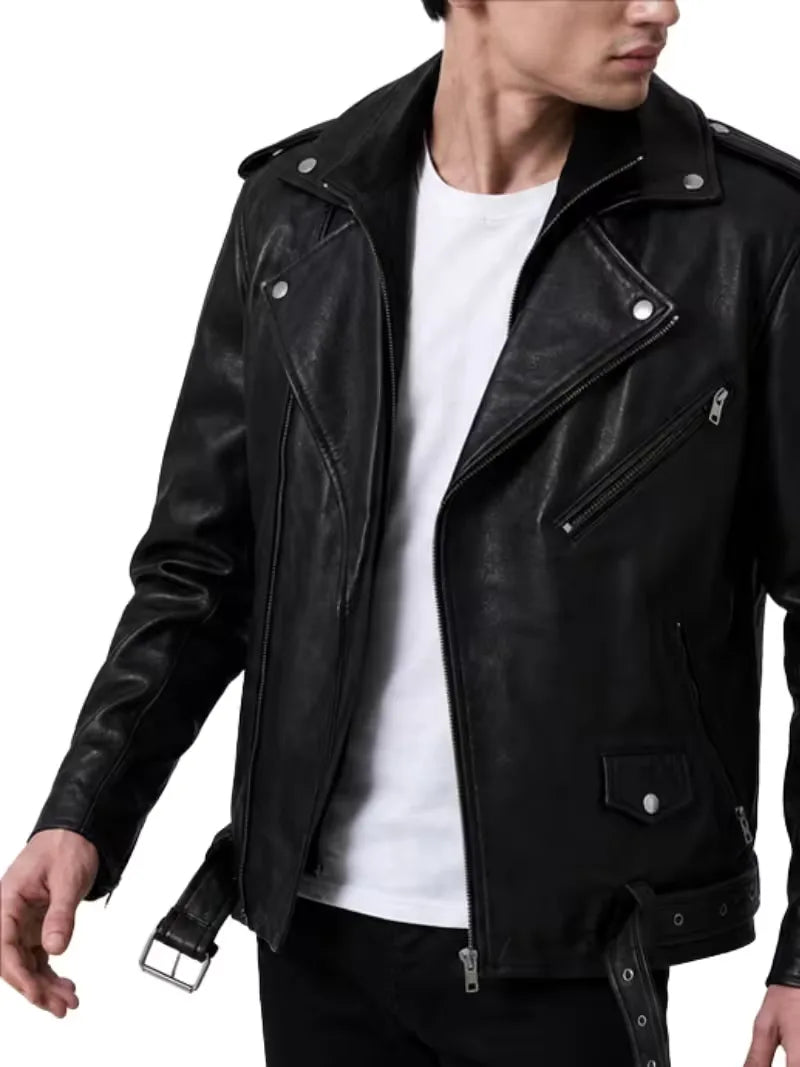 Men's black sheepskin leather biker jacket, full length