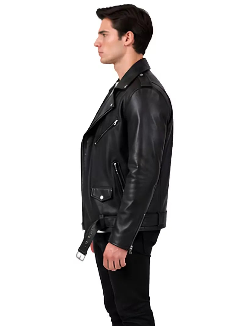 Men's black sheepskin leather biker jacket, collar detail