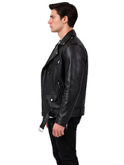 Men's black sheepskin leather biker jacket, collar detail