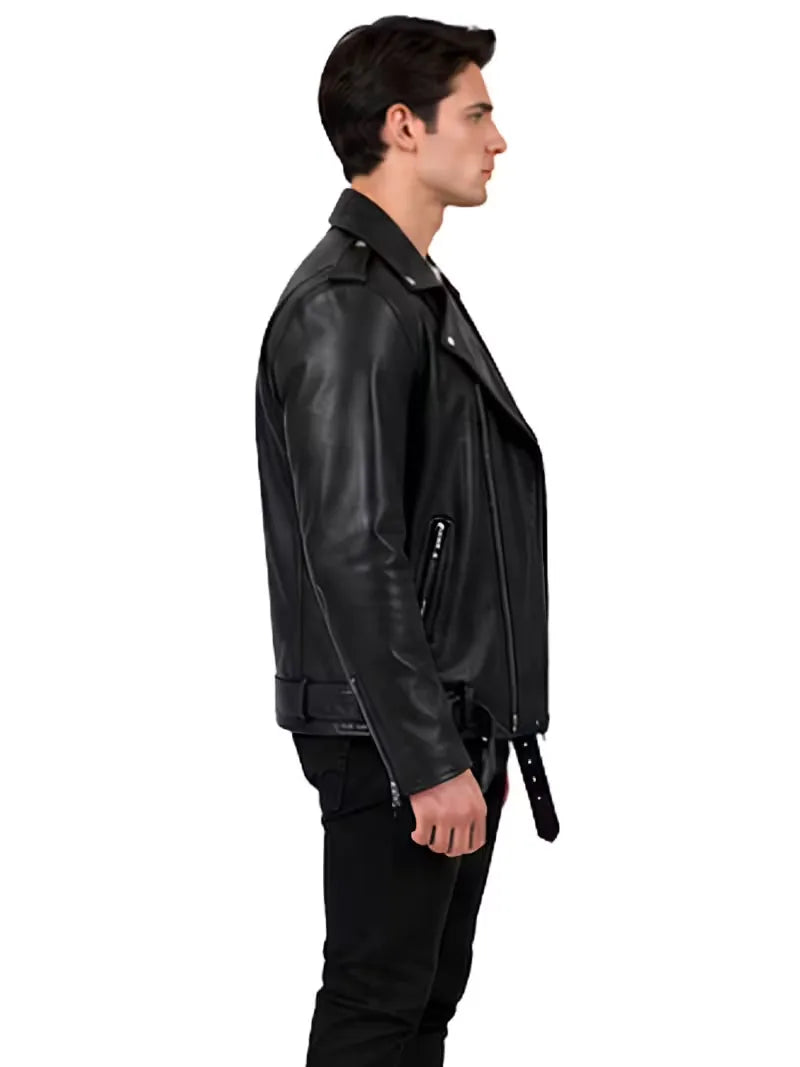 Men's black sheepskin leather biker jacket, side view