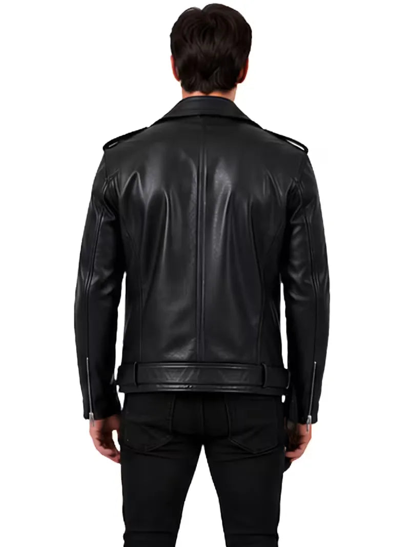 Men's black sheepskin leather biker jacket, back view