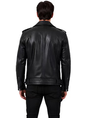 Men's black sheepskin leather biker jacket, back view