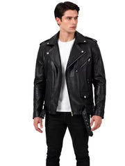 Men's black sheepskin leather biker jacket, front view