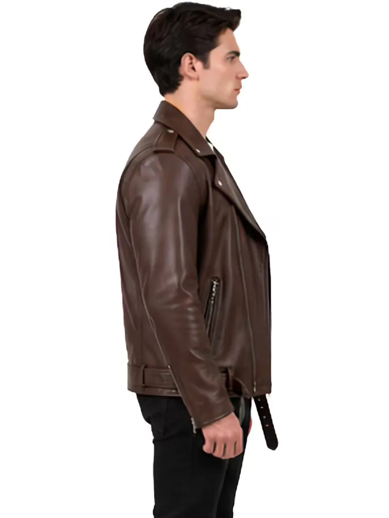 Men's black sheepskin leather biker jacket, lining detail